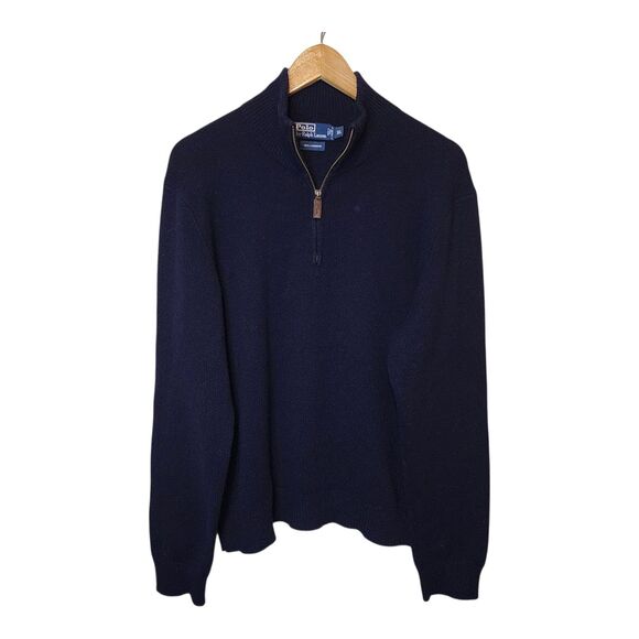 Vtg Polo Ralph Lauren 100% Italian Cashmere 1/4 Zip Sweater Mens Dark Blue - Picture 1 of 9